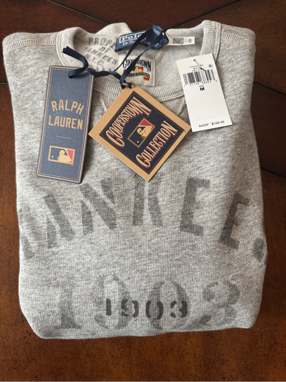Ralph Lauren Yankees Light Gray Heather Crewneck Sweatshirt with Vintage Print